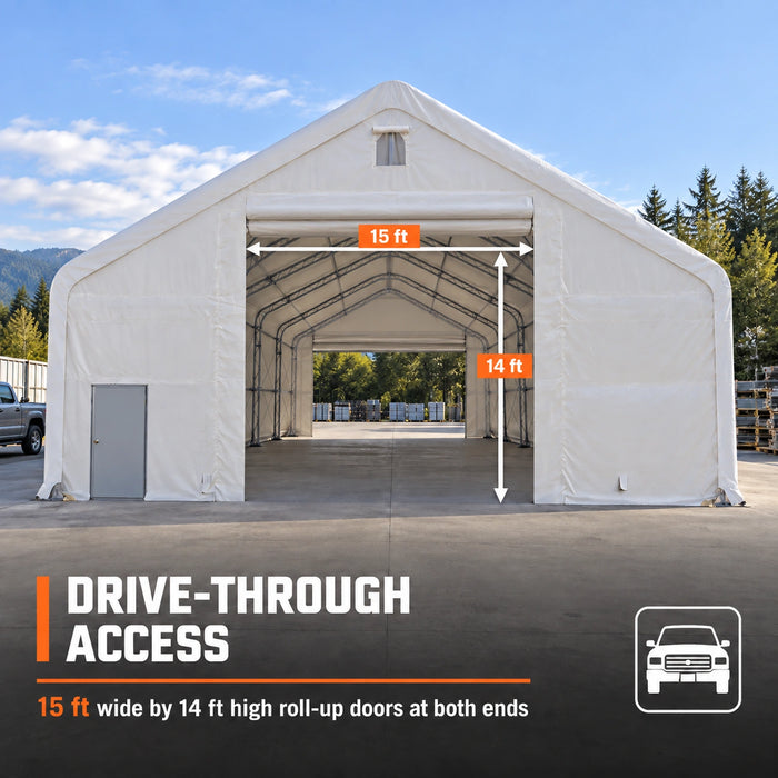 Snow Series 40' x 40' Dual Truss Storage Shelter front view showing drive-through opening