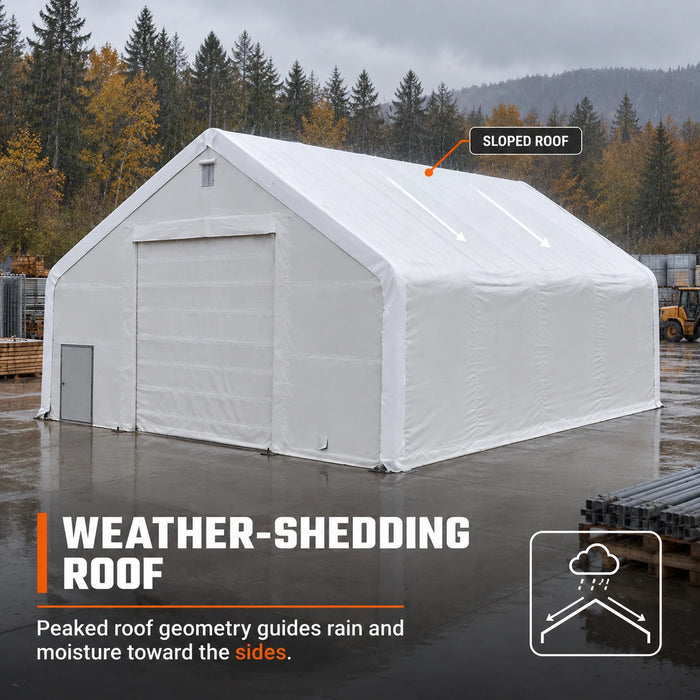 Snow Series 40' x 40' Dual Truss Storage Shelter viewed from side showing sloped roof