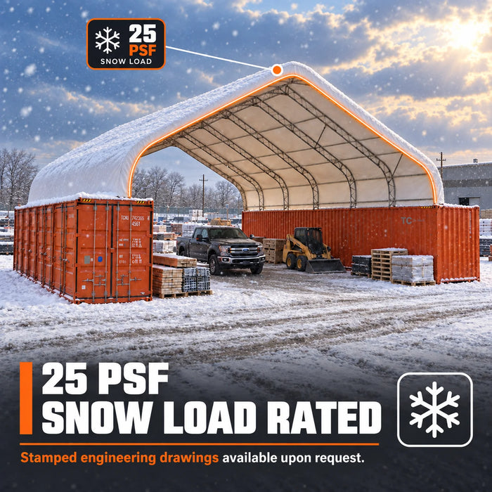 Snow Series™ 40' x 40' Dual Truss Container Shelter, 25 PSF Snow Load Rated, Engineering Drawing, Heavy Duty 21 oz PVC Cover, TMG-DTE4040C-SR25
