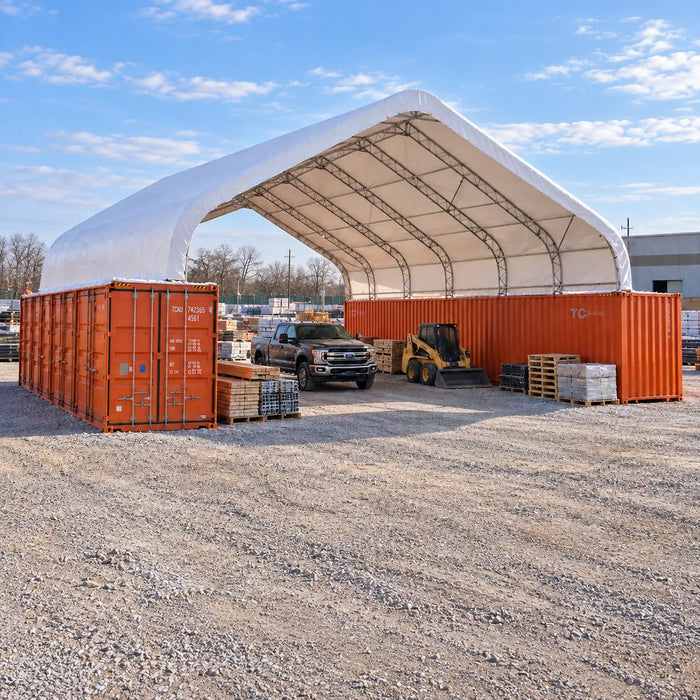 Snow Series™ 40' x 40' Dual Truss Container Shelter, 25 PSF Snow Load Rated, Engineering Drawing, Heavy Duty 21 oz PVC Cover, TMG-DTE4040C-SR25