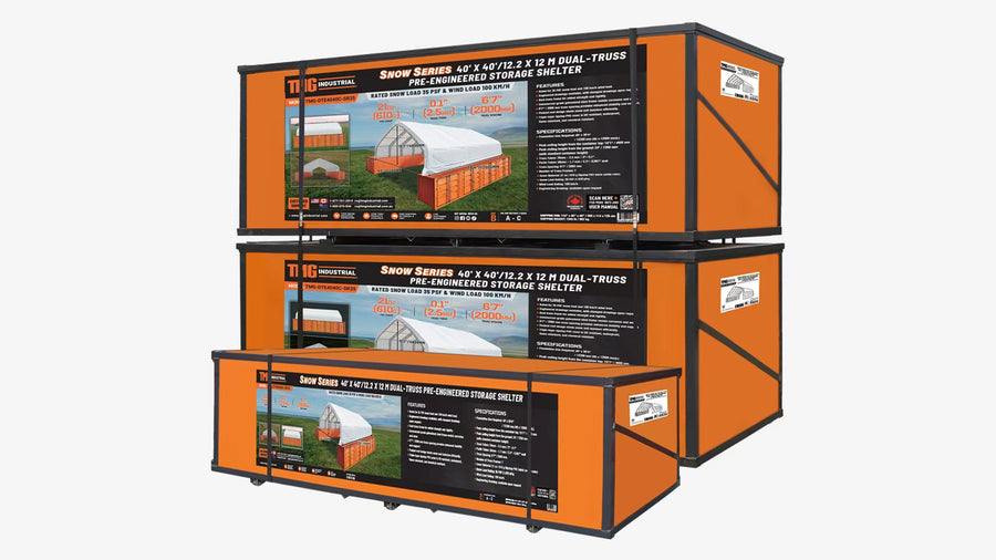 Snow Series™ 40' x 40' Dual Truss Container Shelter, 35 PSF Snow Load Rated, Engineering Drawing, Heavy Duty 21 oz PVC Cover, TMG-DTE4040C-SR35