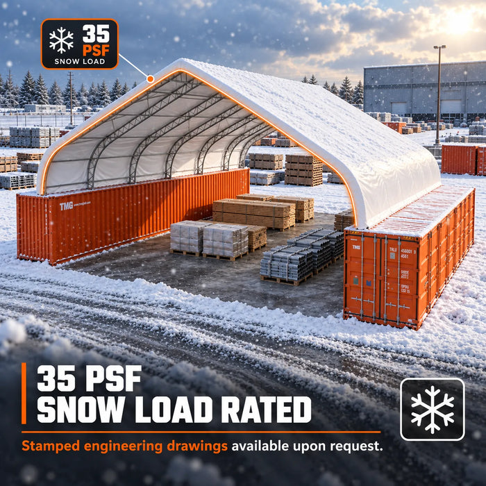 Snow Series™ 40' x 40' Dual Truss Container Shelter, 35 PSF Snow Load Rated, Engineering Drawing, Heavy Duty 21 oz PVC Cover, TMG-DTE4040C-SR35