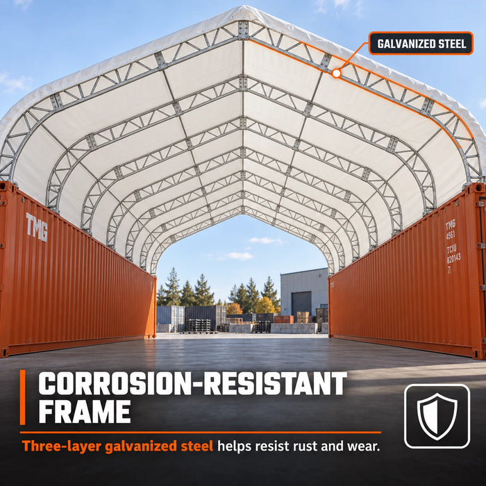 Snow Series™ 40' x 40' Dual Truss Container Shelter, 35 PSF Snow Load Rated, Engineering Drawing, Heavy Duty 21 oz PVC Cover, TMG-DTE4040C-SR35