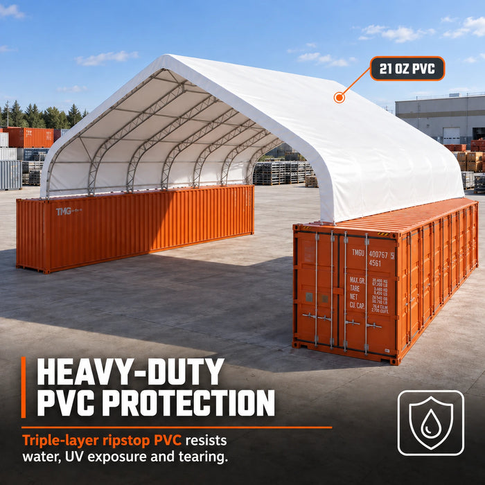 Snow Series™ 40' x 40' Dual Truss Container Shelter, 35 PSF Snow Load Rated, Engineering Drawing, Heavy Duty 21 oz PVC Cover, TMG-DTE4040C-SR35