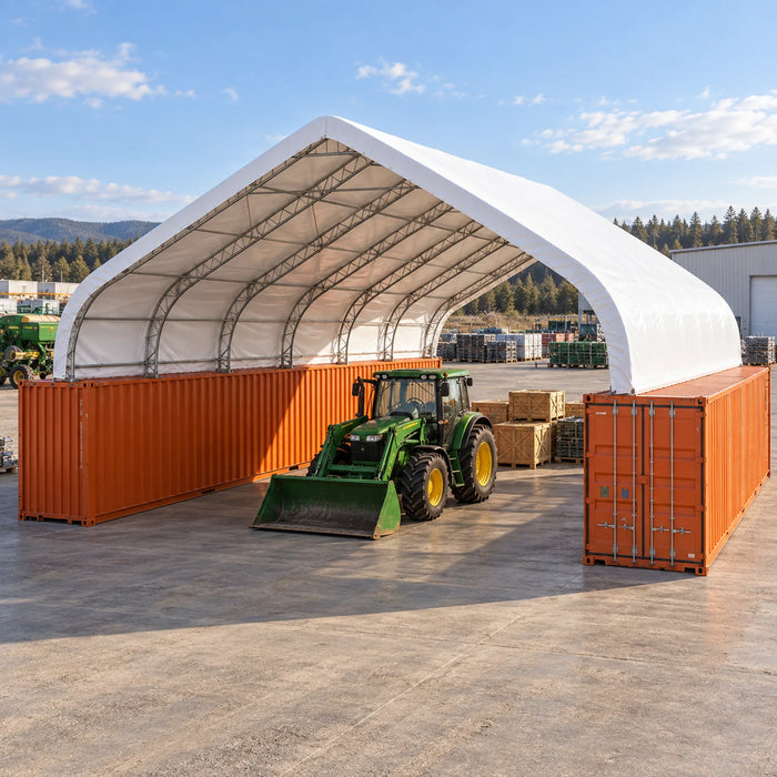 Snow Series™ 40' x 40' Dual Truss Container Shelter, 35 PSF Snow Load Rated, Engineering Drawing, Heavy Duty 21 oz PVC Cover, TMG-DTE4040C-SR35