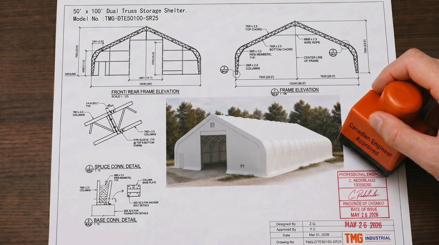 Snow Series 50' x 150' Dual Truss Storage Shelter with 32 oz PVC Cover, 35 PSF Snow Load, Engineering Drawings, TMG-DTE50150-SR35