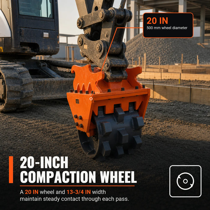 20" Compaction Wheel for 4-8 Ton Excavators, Quick change, 24 Tamping Pads, TMG-ECW20