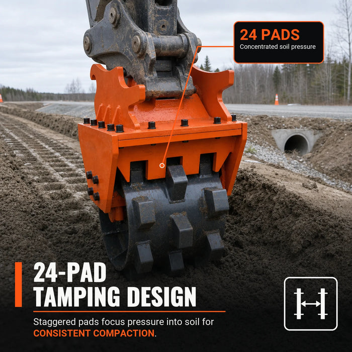20" Compaction Wheel for 4-8 Ton Excavators, Quick change, 24 Tamping Pads, TMG-ECW20