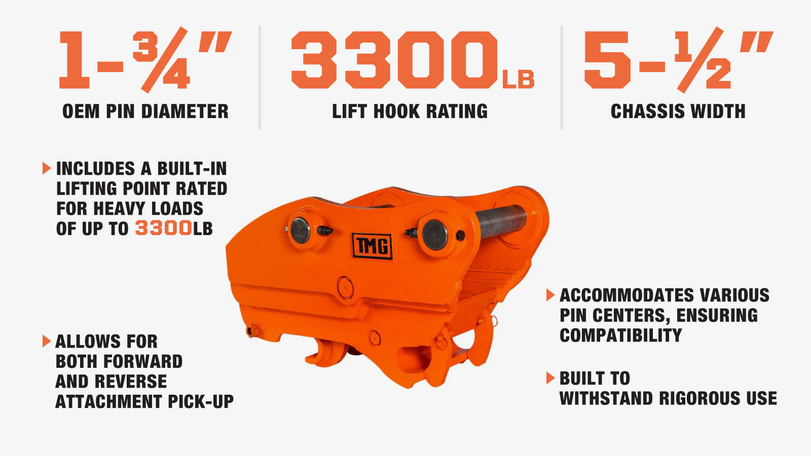 TMG Industrial Quick Coupler for Excavator, 1-¾” Pin Diameter, 8-½”-10-½” Pin Spread, Built-In Lifting Point (3300 Lb Rating), TMG-EQC44-description-image