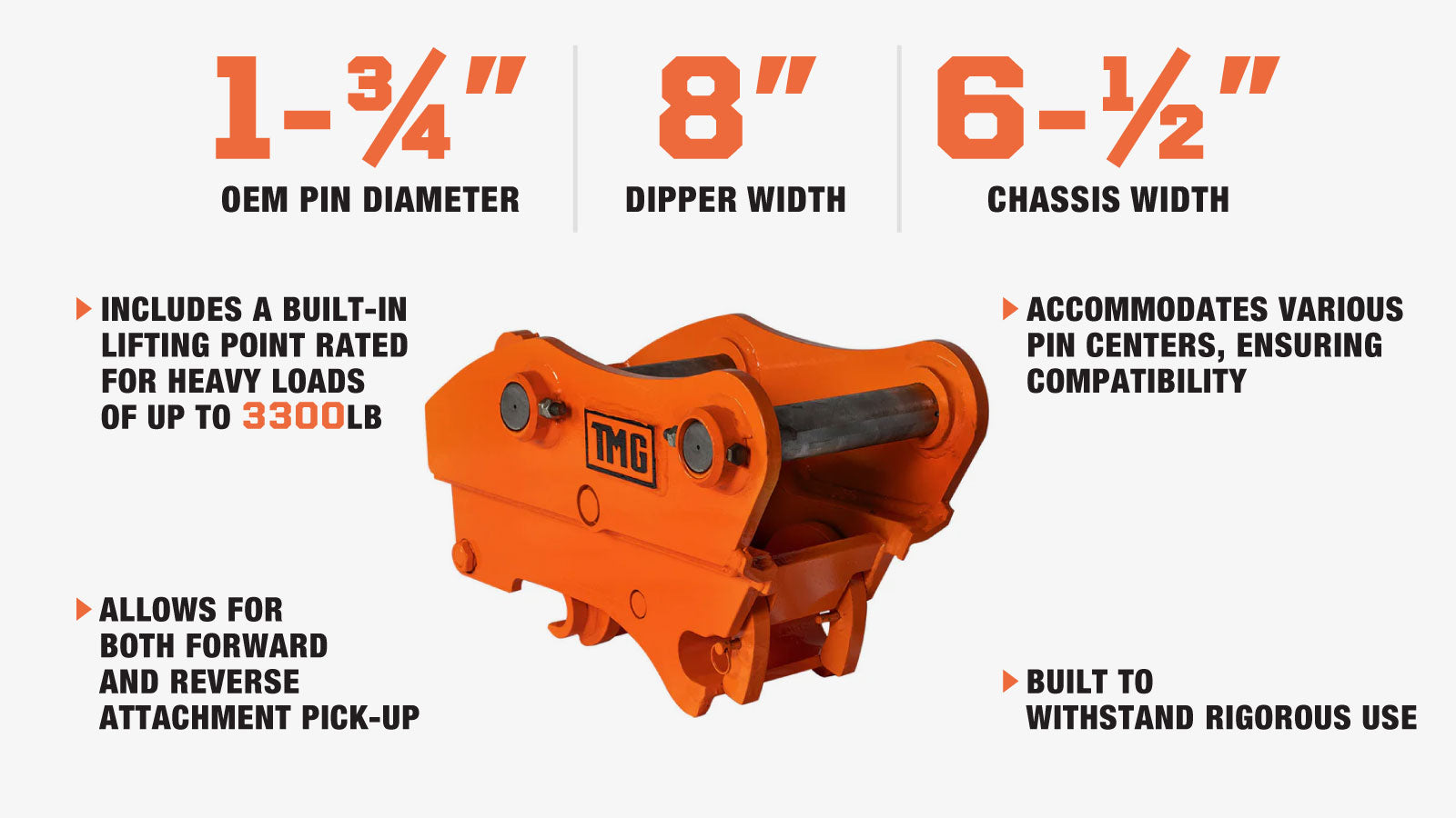 TMG Industrial Quick Coupler for Excavator, 1-¾” Pin Diameter, 10-¼”-12-½” Pin Spread, Built-In Lifting Point (3300 Lb Rating), TMG-EQC45-description-image