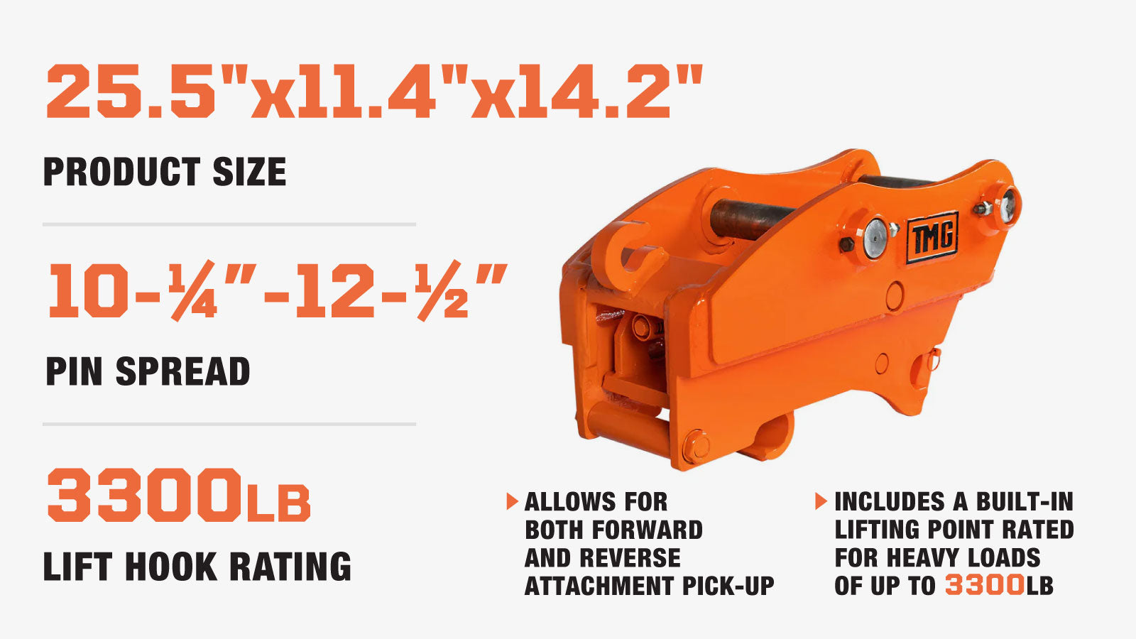 TMG Industrial Quick Coupler for Excavator, 2” Pin Diameter, 10-¼”-12-½” Pin Spread, Built-In Lifting Point (3300 Lb Rating), TMG-EQC50-description-image