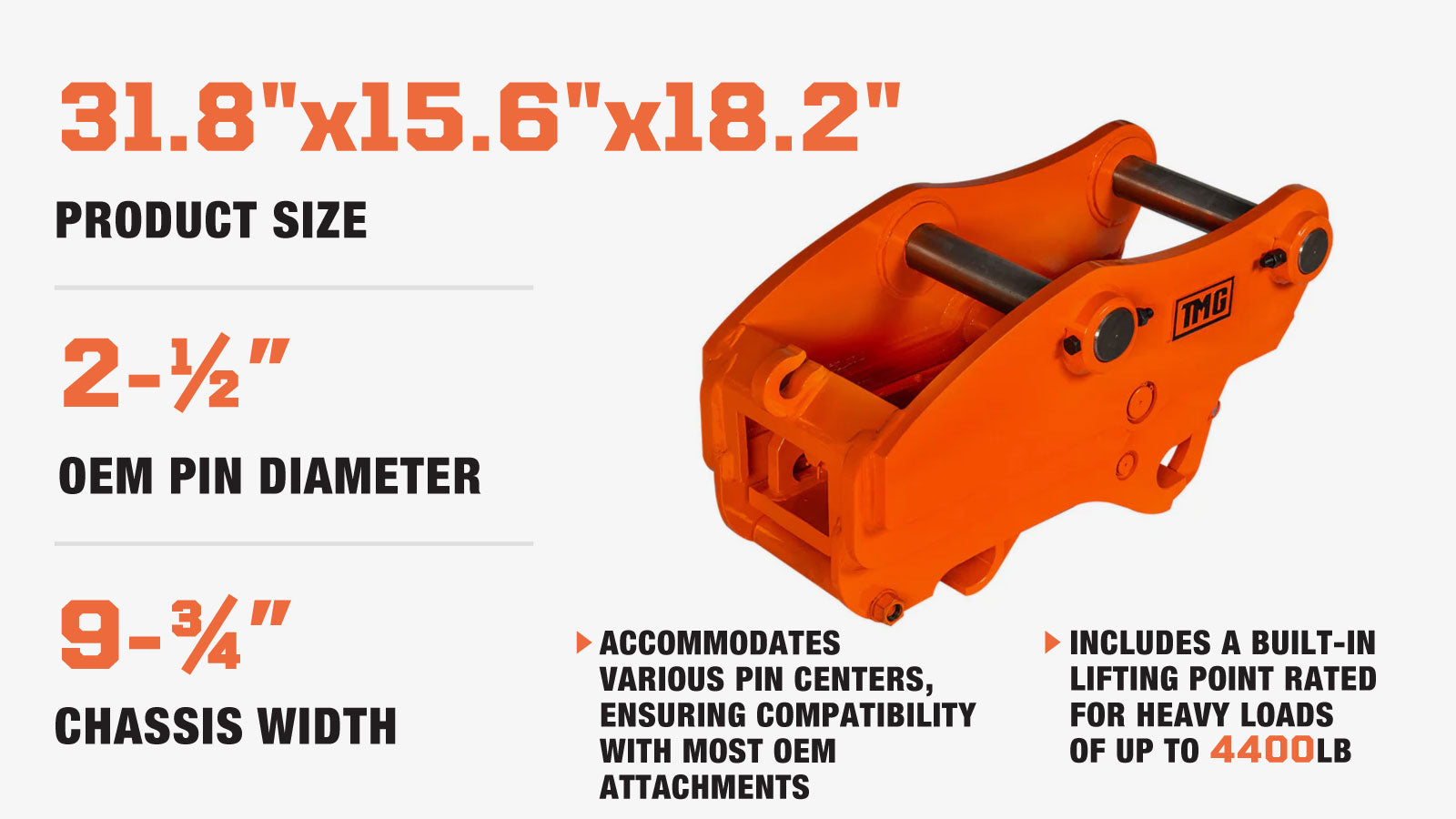 TMG Industrial Quick Coupler for Excavator, 2-½” Pin Diameter, 13-½”-16” Pin Spread, Built-In Lifting Point (4400 Lb Rating), TMG-EQC60-description-image