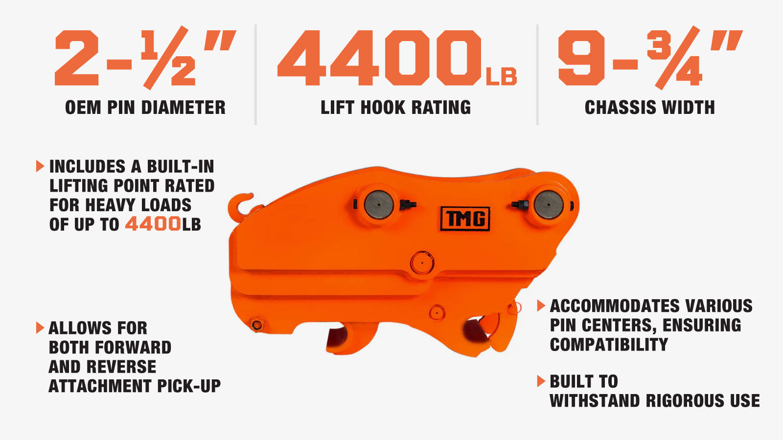 TMG Industrial Quick Coupler for Excavator, 2-½” Pin Diameter, 14”-17” Pin Spread, Built-In Lifting Point (4400 Lb Rating), TMG-EQC65-description-image