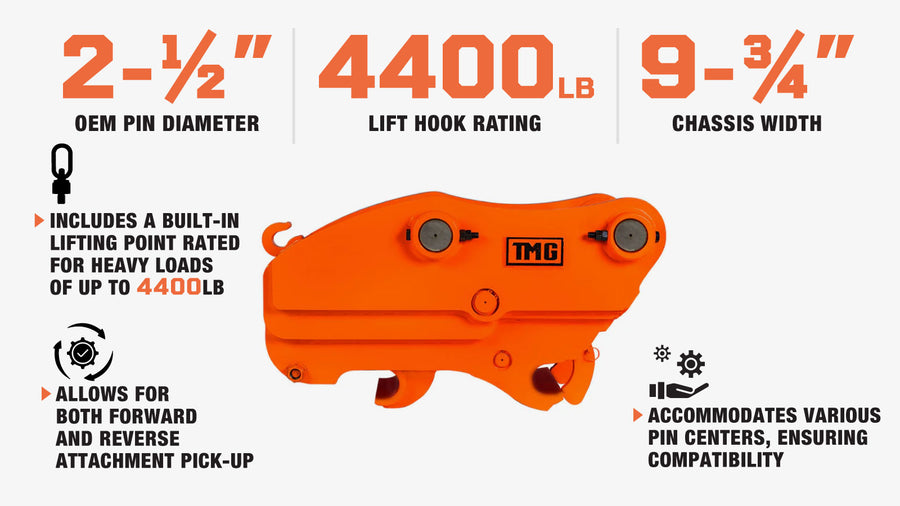Quick Coupler for Excavator, 65mm Pin Diameter, 354-394mm Pin Spread, Built-In Lifting Point (4400 Lb Rating), TMG-EQC65