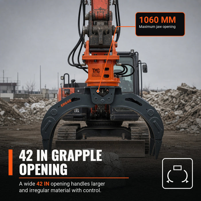 Grappin hydraulique rotatif pour excavatrice 42", rotation à 360 degrés, pour excavatrices de 4 à 8 tonnes, double mâchoire mobile, changement rapide, TMG-ERG42