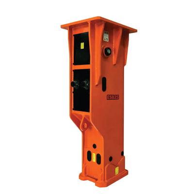 Front view of orange hydraulic breaker showing connection ports and open panels