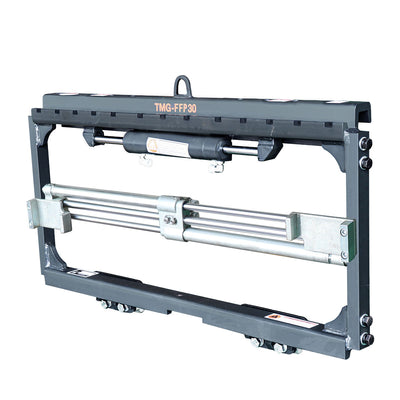 Angled front view of Forklift Fork Positioner showing hydraulic cylinder and rails