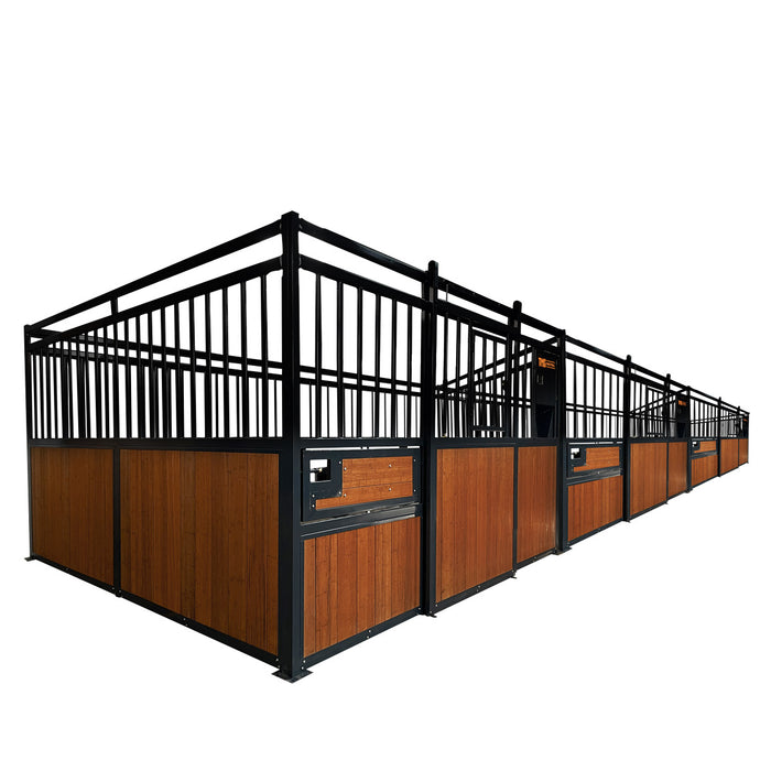 TMG Industrial 12' x 12' Bambou Horse Stall, Vertical Bar Top, Ouverture de fenêtre/mangeoire, Porte coulissante avant avec loquet à double gravité, TMG-FHS13