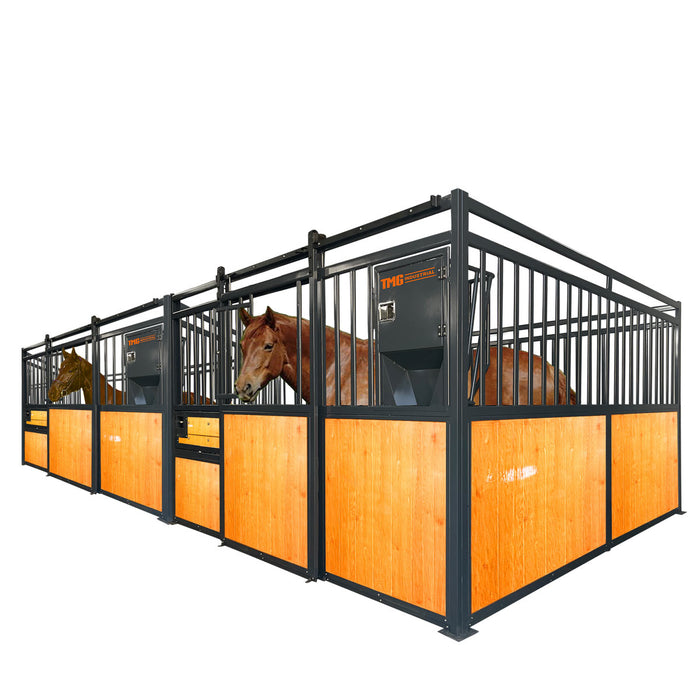 TMG Industrial 12' x 12' Horse Stall Set w/Pine Lumber Boards, Vertical Bar Top & Wood-Filled Bottom, Window/Feeder Opening, Front Sliding Door, TMG-FHS12