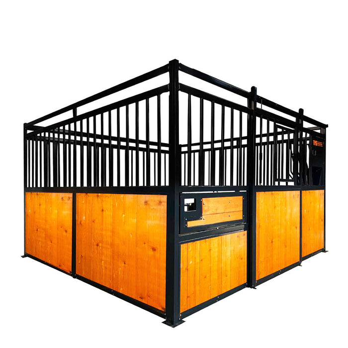 TMG Industrial 12' x 12' Horse Stall Set w/Pine Lumber Boards, Vertical Bar Top & Wood-Filled Bottom, Window/Feeder Opening, Front Sliding Door, TMG-FHS12