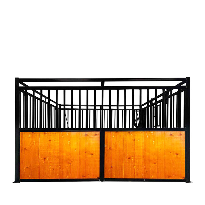 TMG Industrial 12’ Horse Stall Pine Lumber Panel, Vertical Bar Top & Wood-Filled Bottom, Front panel c/w Window/Feeder and Sliding Door, TMG-FHS12A and FHS12B