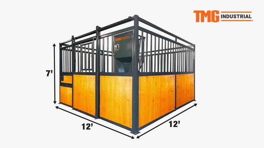 12' Horse Stall Pine Lumber Panel, Vertical Bar Top & Wood-Filled Bottom, Front panel c/w Window/Feeder and Sliding Door, TMG-FHS12A and FHS12B