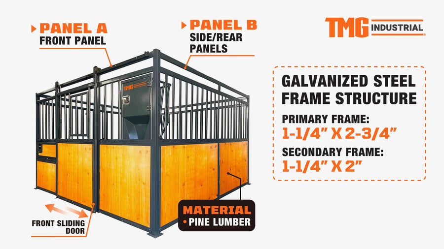 12' Horse Stall Pine Lumber Panel, Vertical Bar Top & Wood-Filled Bottom, Front panel c/w Window/Feeder and Sliding Door, TMG-FHS12A and FHS12B