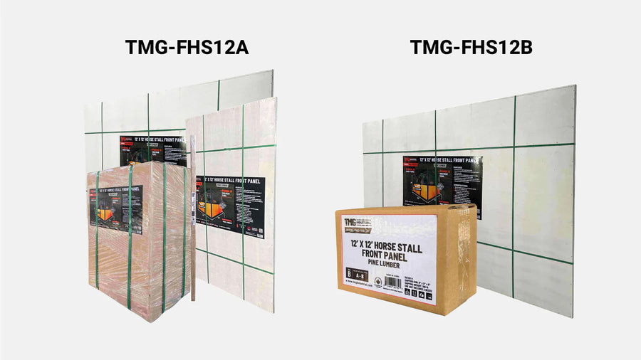 12' Horse Stall Pine Lumber Panel, Vertical Bar Top & Wood-Filled Bottom, Front panel c/w Window/Feeder and Sliding Door, TMG-FHS12A and FHS12B