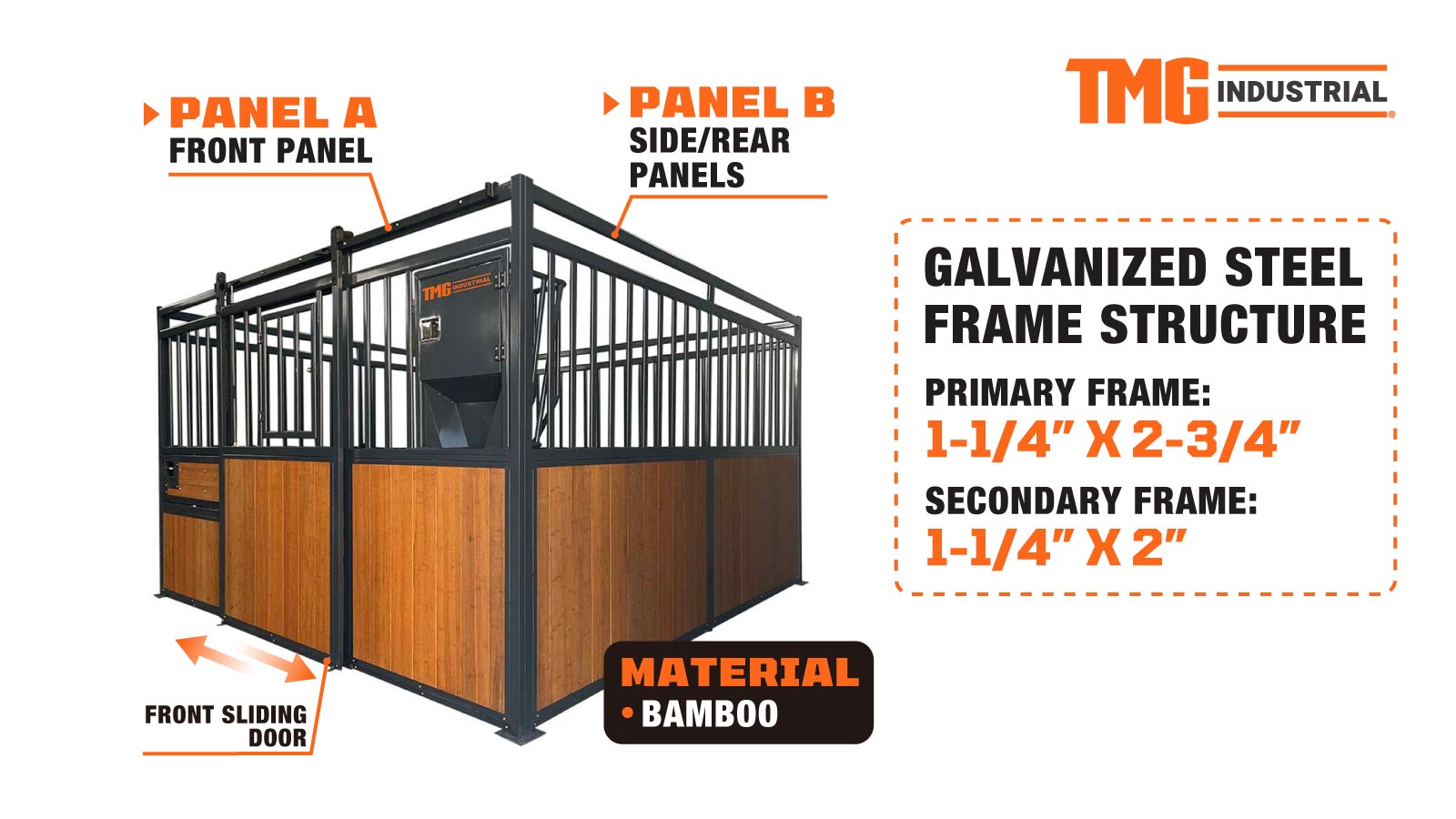 TMG Industrial 12' x 12' Bambou Horse Stall, Vertical Bar Top, Ouverture de fenêtre/mangeoire, Porte coulissante avant avec loquet à double gravité, TMG-FHS13-description-image