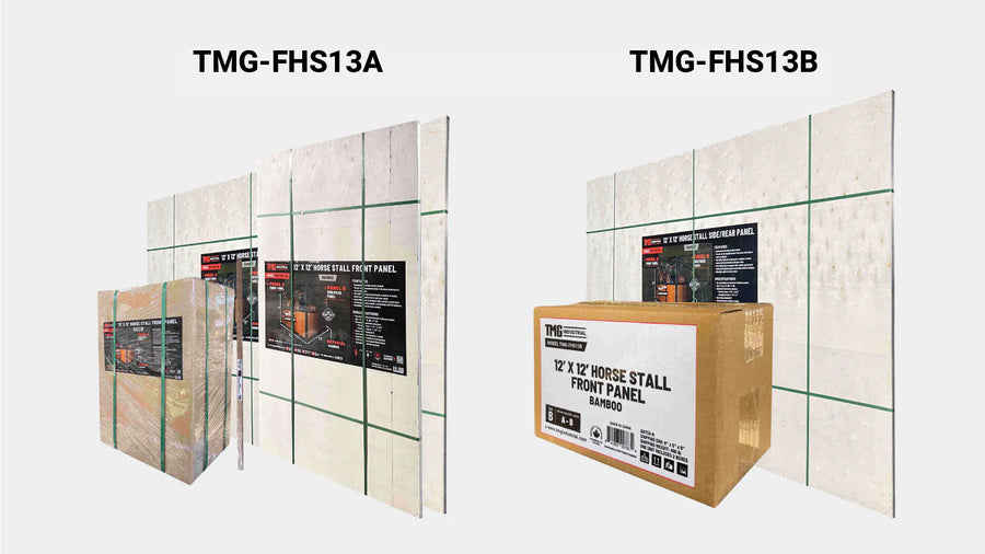 12' Horse Stall Bamboo Panel, Vertical Bar Top, Front panel c/w Window/Feeder and Sliding Door, TMG-FHS13A and FHS13B