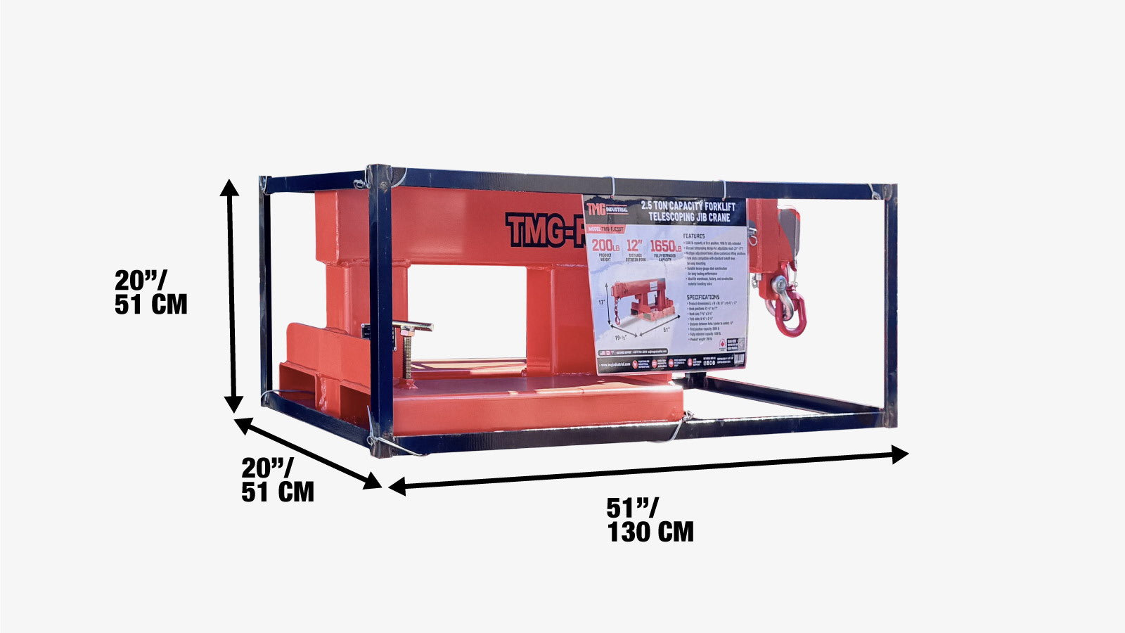 Forklift Telescoping Jib Crane, 2.5 Ton (5500 lb) Capacity, Adjustable 31”-77” Boom, TMG-FJC55T-shipping-info-image