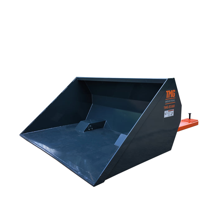 60-inch forklift dumping bucket with 15 cu-ft capacity and 90-degree dump angle for 2 to 3.5 ton forklifts
