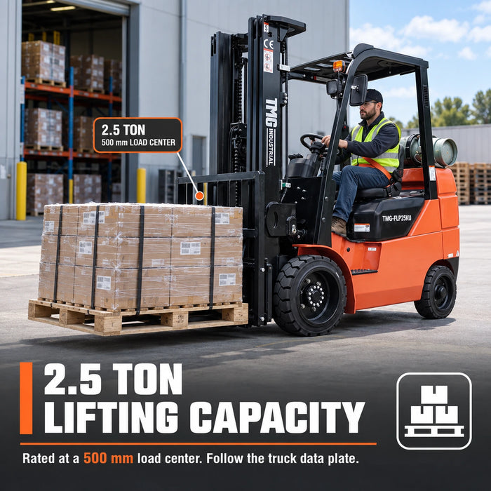 Forklift lifting pallet with capacity graphic, 2.5 Ton LPG Forklift TMG-FLP25KU