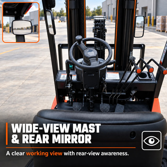 Operator viewpoint showing wide-view mast and rear mirror on 2.5 Ton LPG Forklift TMG-FLP25KU