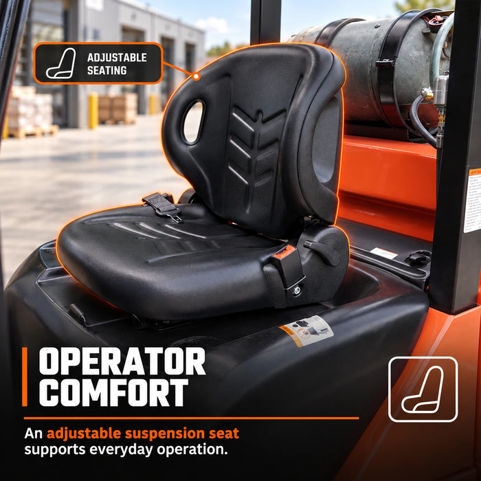 Close-up of adjustable suspension seat on 2.5 Ton LPG Forklift TMG-FLP25KU