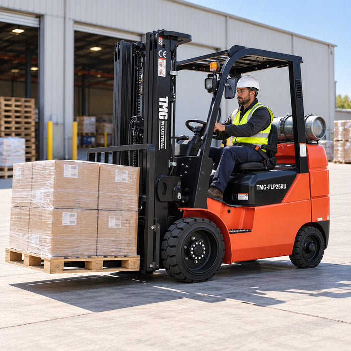 Operator using 2.5 Ton LPG Forklift TMG-FLP25KU to carry pallet outdoors