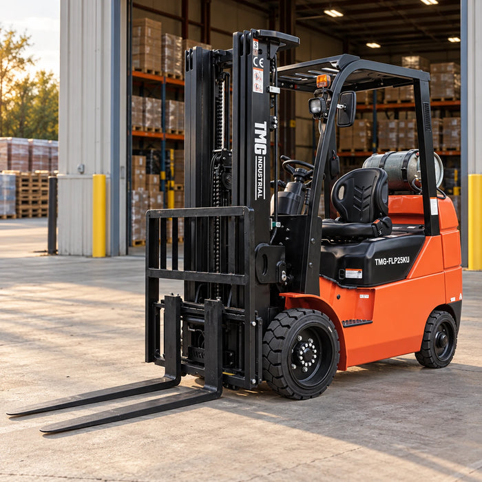 Chariot élévateur GPL 2,5 tonnes, Moteur Kubota, Fourches classe II A de 42 ou 48 po, Pneus pleins souples, TMG-FLP25KU