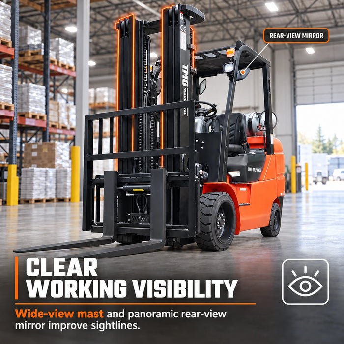Wide-view mast with panoramic rear-view mirror on 3 Ton LPG Forklift