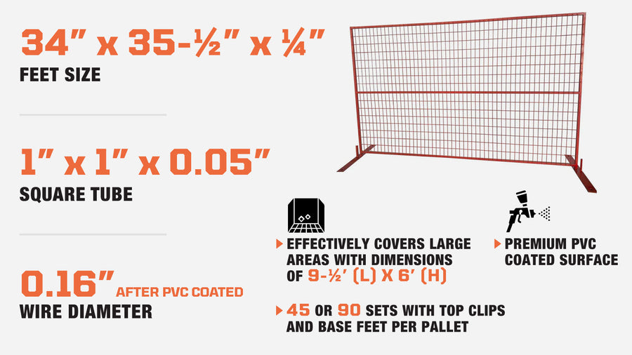 Panneau de clôture de chantier temporaire en métal 6' x 10' avec pinces supérieures et pieds de base, revêtement en PVC premium TMG-FMC29-45