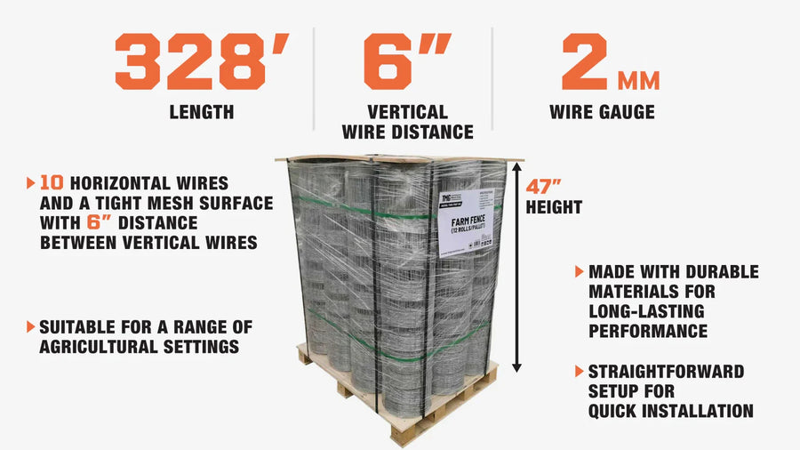 Farm Fence, Property Protection, Livestock Control, 47" Height, 100 Meters Per Roll, 12.5 GA Wire, 6" Vertical Wire Distance, TMG-FMF100