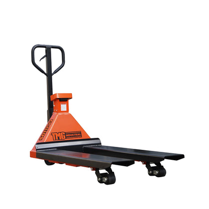 Transpalette peseur robuste de 11000 lb, angle de braquage de 210°, fourches de 48", écran LCD de 2", TMG-FPJ110S