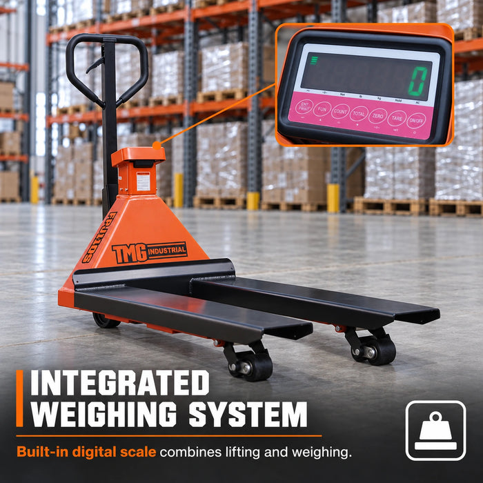 Transpalette peseur robuste de 11000 lb, angle de braquage de 210°, fourches de 48", écran LCD de 2", TMG-FPJ110S