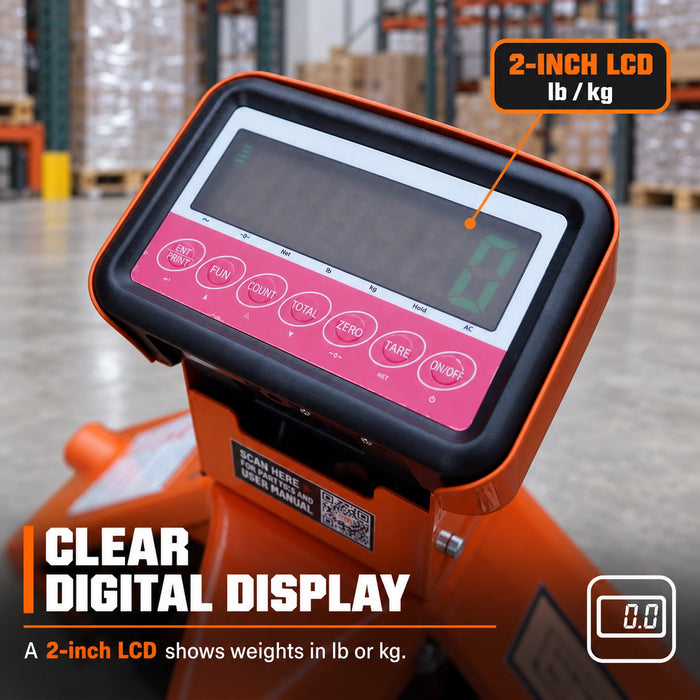 Transpalette peseur robuste de 11000 lb, angle de braquage de 210°, fourches de 48", écran LCD de 2", TMG-FPJ110S