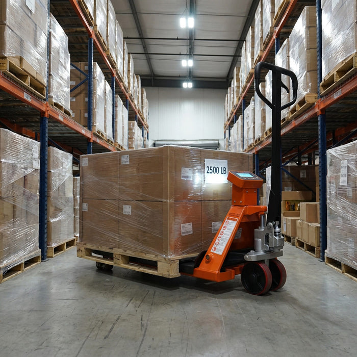 5000-lb Narrow Pallet Jack Truck w/Scale, 210° Steering Arc, 45" Forks, 2" LCD Display, TMG-FPJ50SN