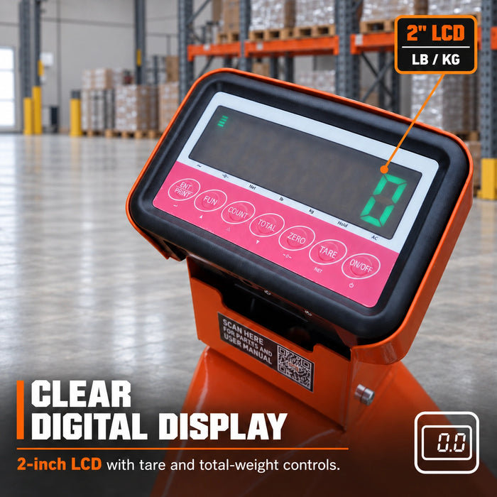 Transpalette peseur 2268 kg, angle de braquage 210°, fourches de 122 cm, écran LCD 2", TMG-FPJ50S