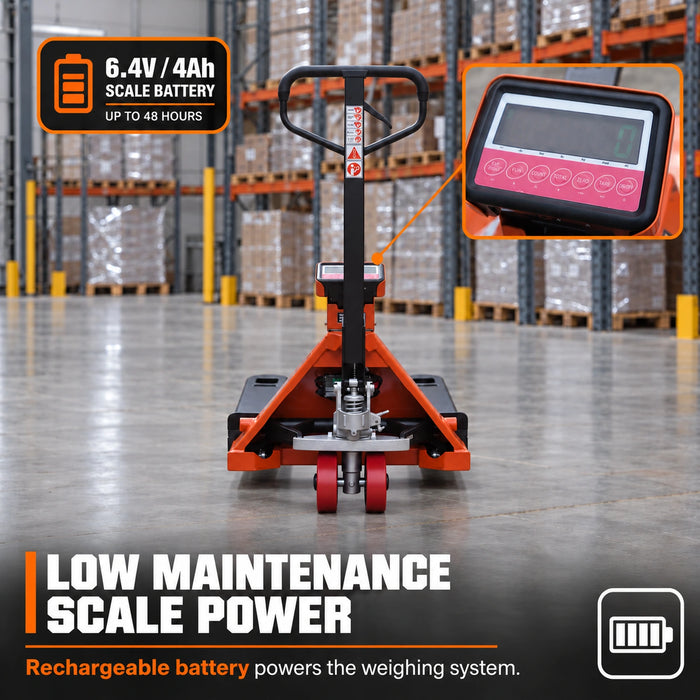 Transpalette peseur 2268 kg, angle de braquage 210°, fourches de 122 cm, écran LCD 2", TMG-FPJ50S