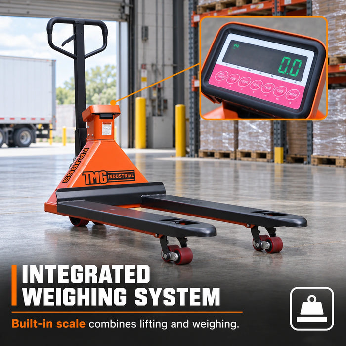 6600-lb Scale Pallet Jack Truck, 210° Steering Arc, 48" Forks, 2" LCD Display, TMG-FPJ66S