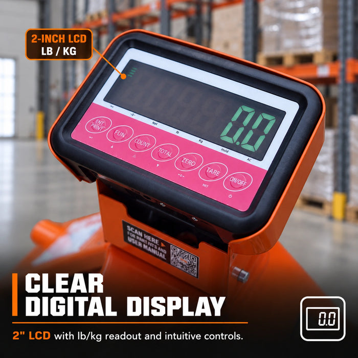 6600-lb Scale Pallet Jack Truck, 210° Steering Arc, 48" Forks, 2" LCD Display, TMG-FPJ66S