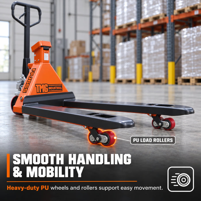 6600-lb Scale Pallet Jack Truck, 210° Steering Arc, 48" Forks, 2" LCD Display, TMG-FPJ66S