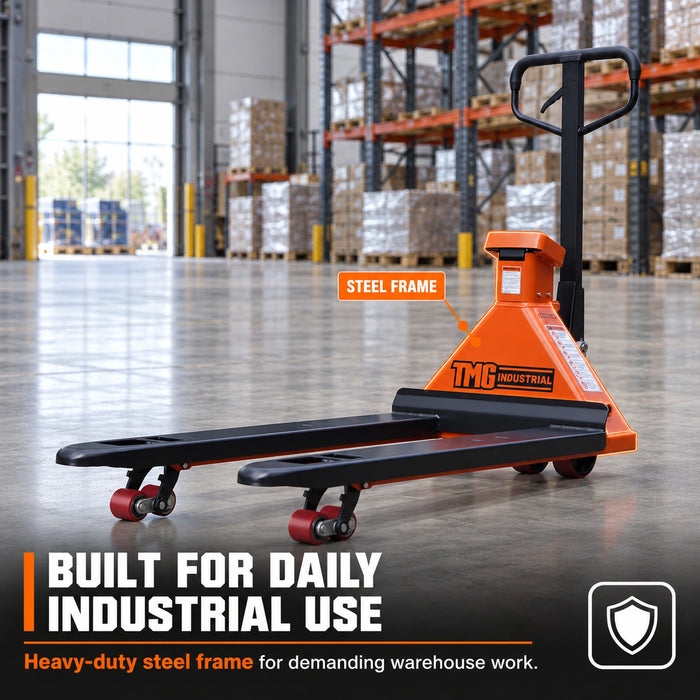 6600-lb Scale Pallet Jack Truck, 210° Steering Arc, 48" Forks, 2" LCD Display, TMG-FPJ66S